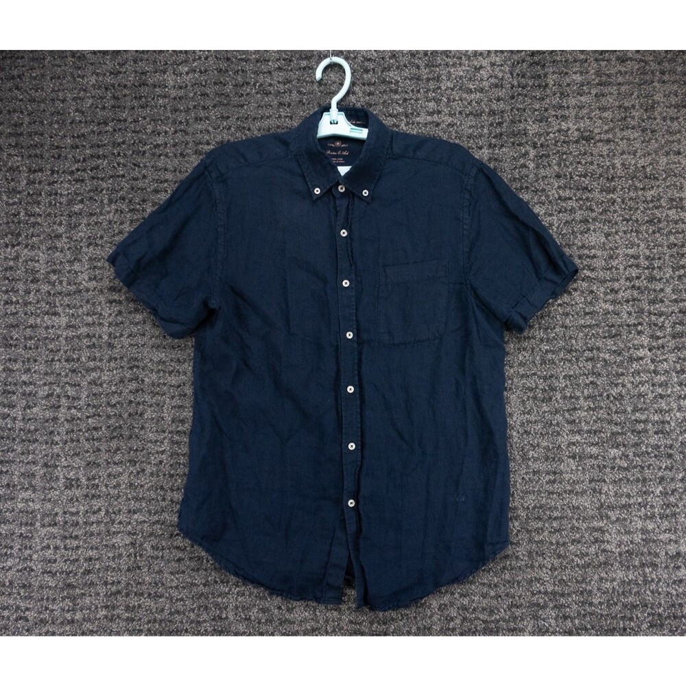 Porter & Ash Shirt Mens Medium Navy Blue 100% Linen Short Sleeve Casual Beach